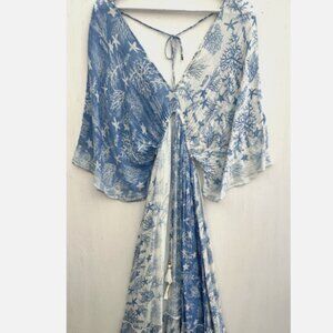 ZURY Blue Shell Print Kimono Maxi Dress Kaftan Fringe Gold Accent Boho ONE SIZE